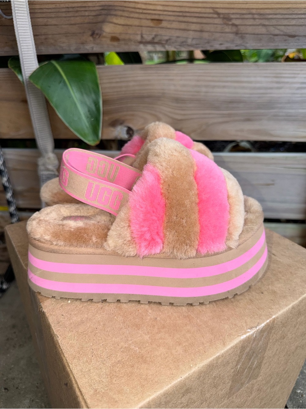 UGG Pink & Tan Fuzzy Platform Slide